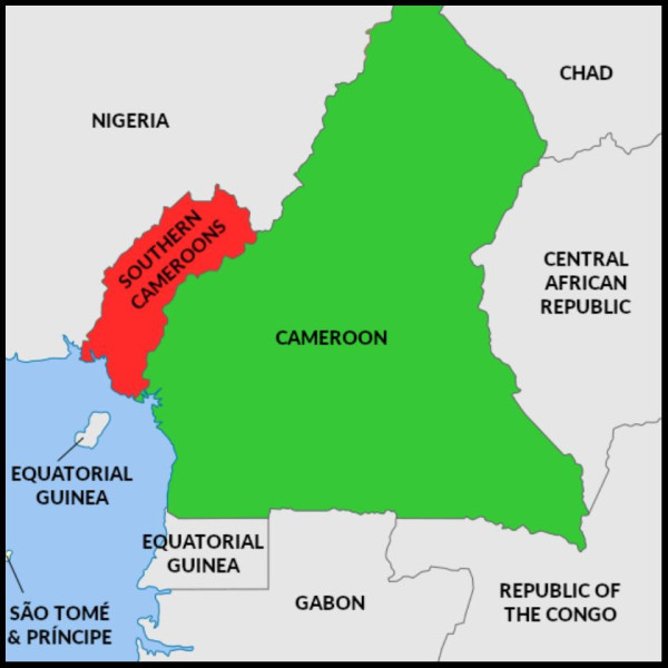 A pirossal jelzett terület az egykori Brit Kamerun, ma Ambazónia