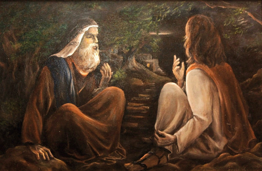 Árvai Márta: Jézus és Nikodémus. 2002, olaj, vászon. (Oltalom Alapítvány