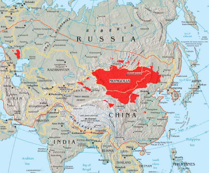 A 13. századi Mongol Birodalom összevetve a mai , mongolok lakta területtel.