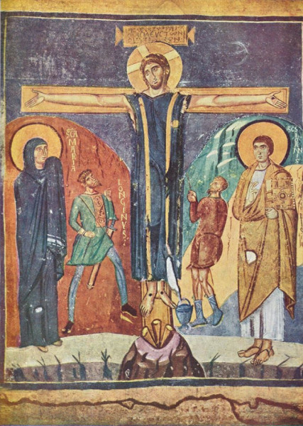 Christus triumphans-ábrázolás (VIII. század, a római Sancta Maria Antiqua-templom Theodotos-kápolnájának oltárfalán látható)