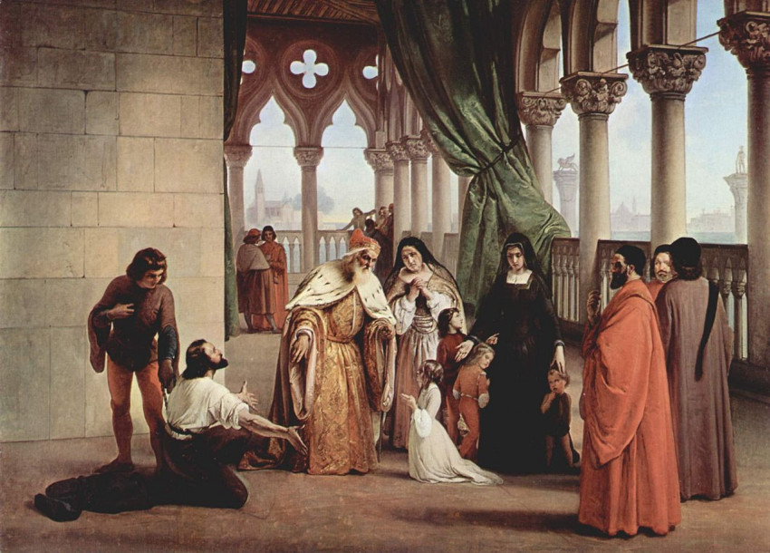 Francesco Foscari dózse száműzött fiának búcsúja apjától. Francesco Hayez freskója a dózsepalota loggiáján (1852-1854 között)