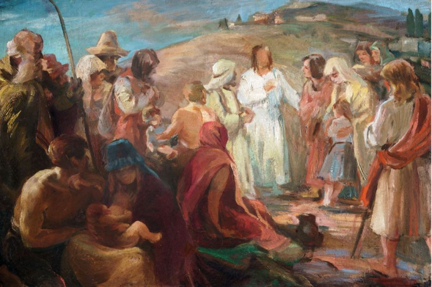 Ismeretlen magyar festő, 20. sz. első fele: Hegyi beszéd. Olaj, vászon. Nagyházi Galéria és Aukciósház