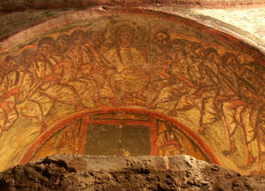 Freskó „Jézus és a tizenkét apostol” Krisztus-monogrammal ☧, Domitilla-katakombák, Róma