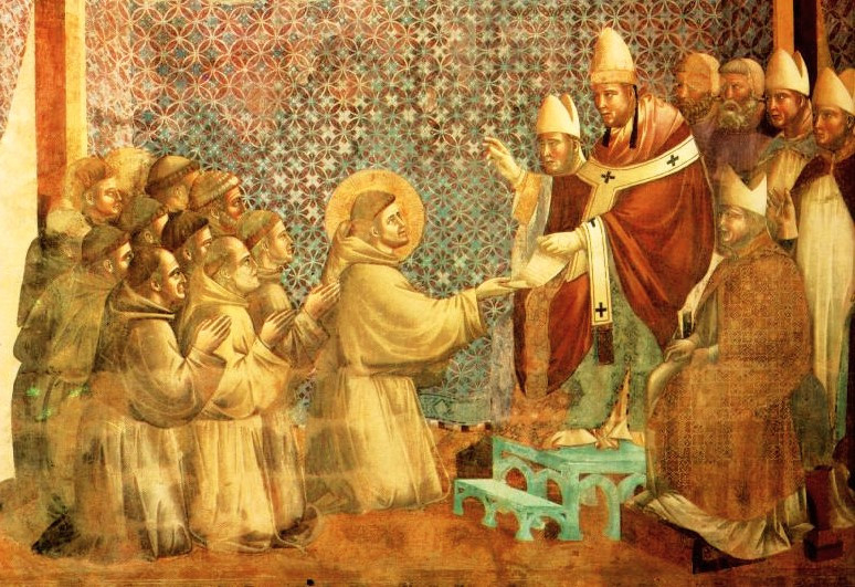 Giotto: III. Ince pápa jóváhagyja a ferencesek reguláját; Assisi, 1295