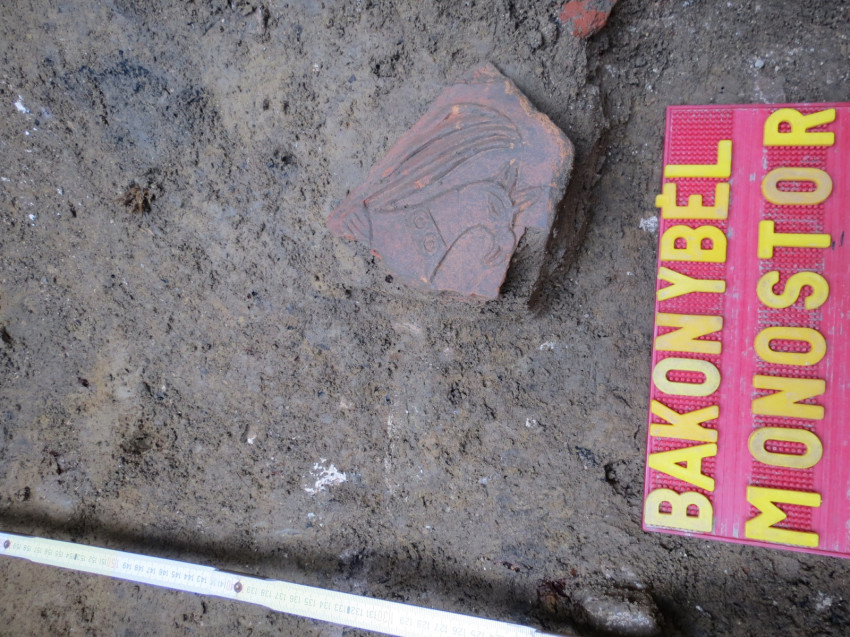 Elsőrangú 12. századi (?) griffes padlótégla töredéke egy 13. századi feltöltési rétegből (Fotó: Ásónyomon)