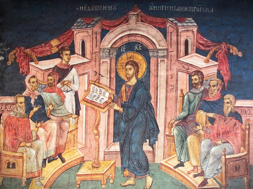 Krisztus tanít a názáreti zsinagógában, freskó a Visoki Decani kolostorban (14. század), Koszovó és Metohija