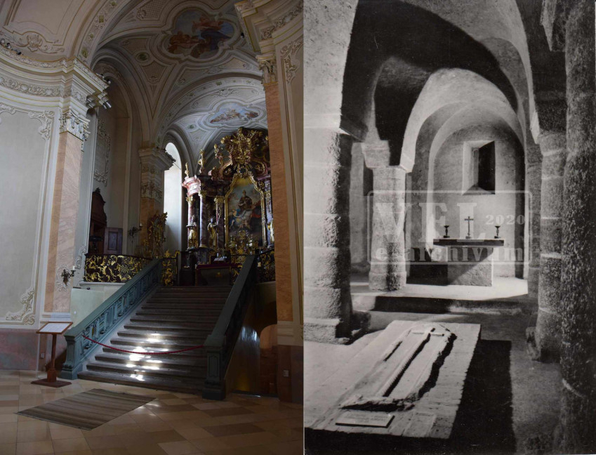 A barokk szentély az altemplomi lejárókkal; Az altemplom az 1953-as műemléki felújítást követően