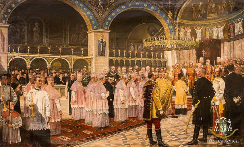 Kubányi Lajos: A főpapság hódolata I. Ferenc József előtt (1896) c. festménye