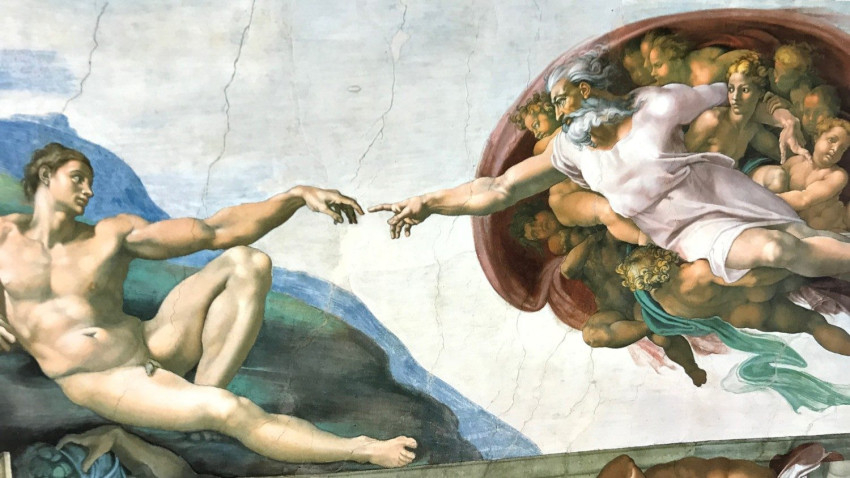 Michelangelo Buonarroti Sixtus-kápolnát díszítő falképének részlete: Ádám teremtése (1509–1510)