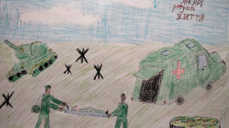 Egy gyermek rajza az Ukrajnában dolgozó egészségügyi dolgozókról