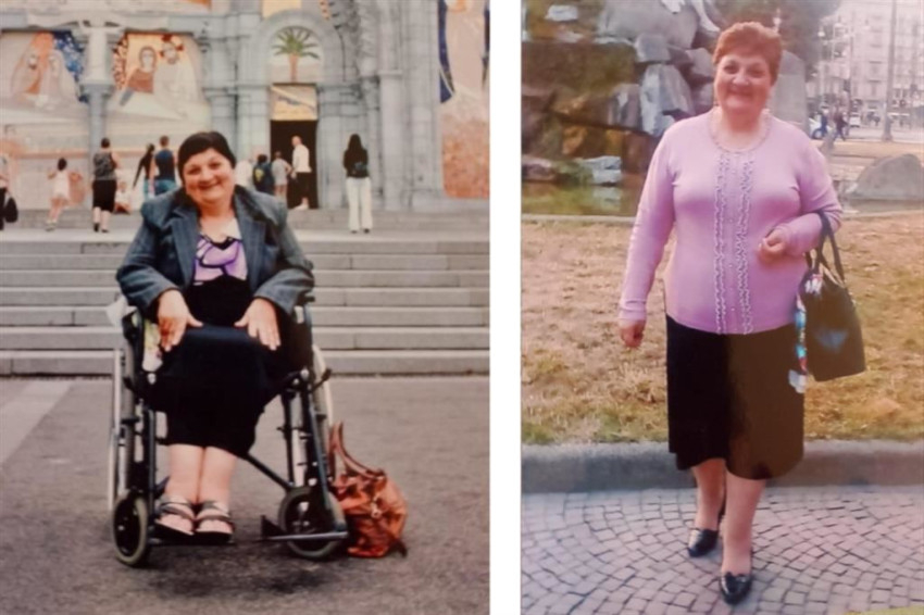 Balra Antoinette Raco Lourdes-ban 2009-ben, jobbra Antoinette a csoda után