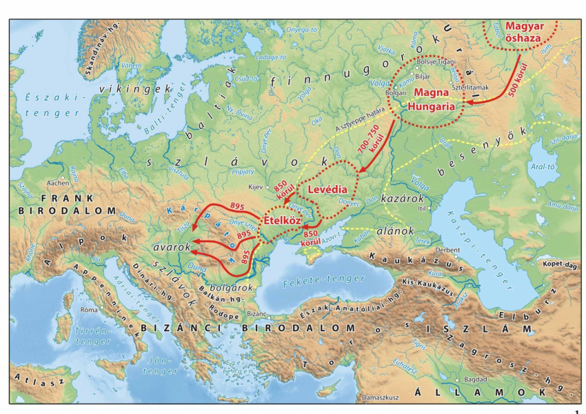 A korai magyarság történetét és vándorlását összefoglaló korábbi történeti térkép