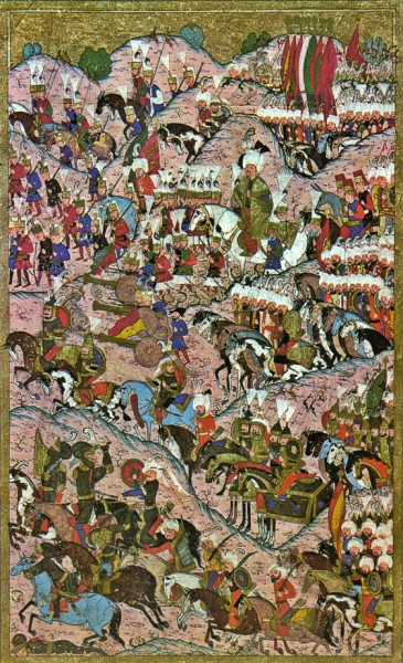 Török miniatúra 1550-ből: Szulejmán a győzelem után