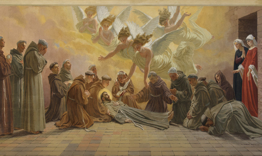 Szent Ferenc tanzitusa az assisi Angyalos Boldogasszony-bazilika Tranzitus-kápolnájának külső falán (Domenico Bruschi alkotása, 1886)