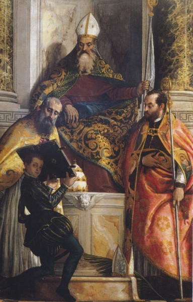 Veronese: Szent Antal apát, Kornél és Ciprián egy apróddal (1567)