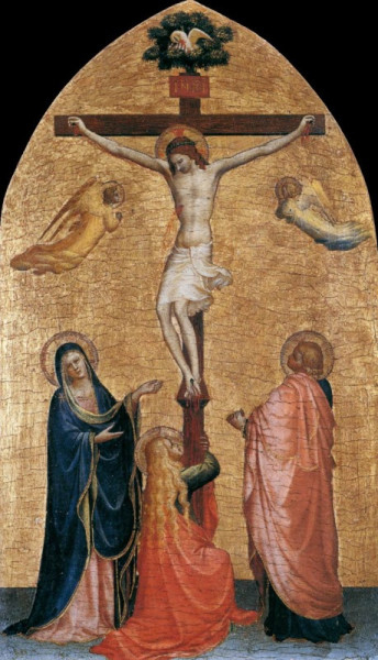 Fra Angelico: A keresztrefeszített Krisztus a Szűzanyával, Szent Jánossal és Mária Magdolnával (1419–1420)