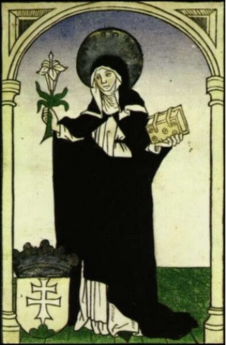 Árpád-házi Szent Margit a Keresztény Múzeum 1500 tájáról származó színezett fametszetén