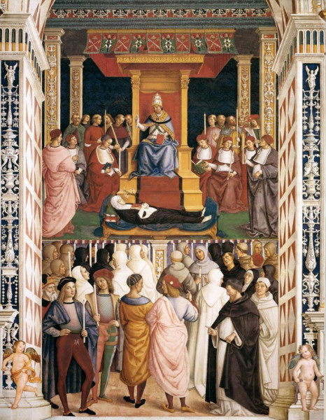 Pinturicchio: II. Piusz pápa szentté avatja Sienai Katalint (1502-08)
