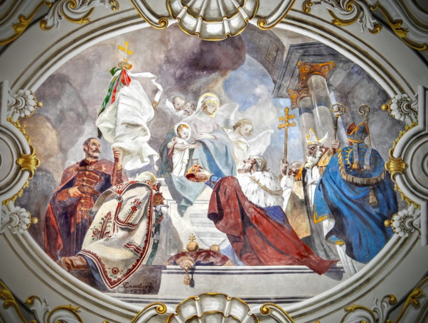 Szent István országfelajánlása (az osli kegytemplom mennyezetfreskója)