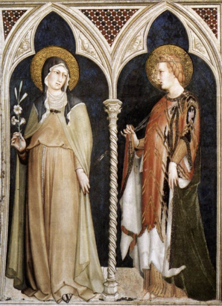 Simone Martini: Assisi Szent Klára és Árpád-házi Szent Erzsébet (Szent Ferenc-bazilika, Assisi, 1320–25)