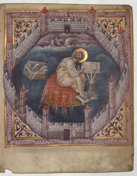 Szent Lukács ábrázolása a Sainte-Aure-evangeliáriumban (850 körül, Bibliothèque de l’Arsenal, Párizs)
